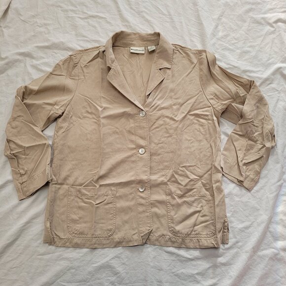 Appleseeds Tencel Beige Blazer Jacket Iridescent Buttons Patch Pockets Collar - Picture 2 of 13